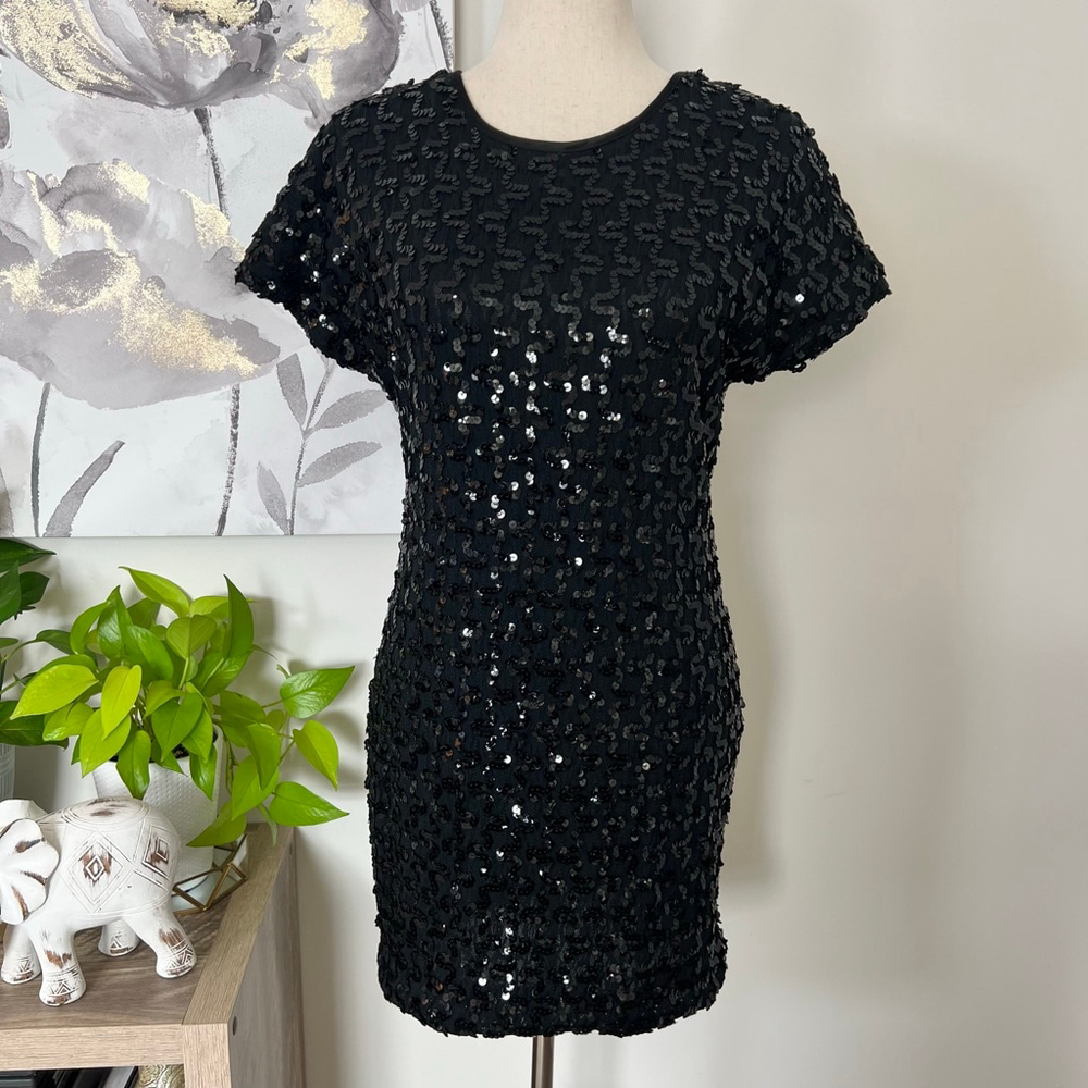 Vintage Black Sequin Mini Dress Petite Lanza Cocktail Party Fairy Goth‎ USA